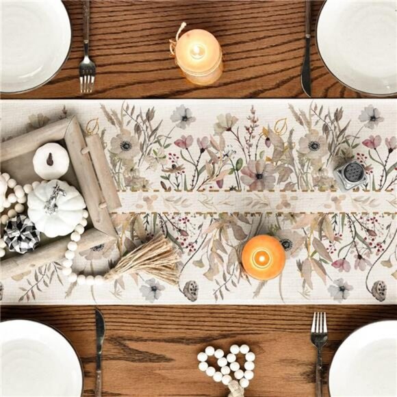 Wildflower Leaves Floral Fall Table Runner, Autumn Thanksgiving 13x72 Inch - Picture 4 of 7